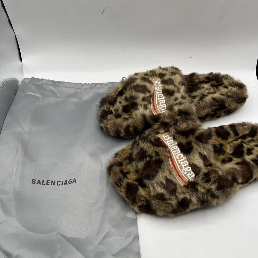 Balenciaga Men's Sz EUR 41 Leopard Animal Print Faux Fur Logo Slide Sandals